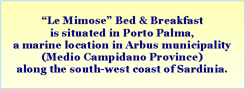 Casella di testo: “Le Mimose” Bed & Breakfast is situated in Porto Palma,a marine location in Arbus municipality (Medio Campidano Province)along the south-west coast of Sardinia. 